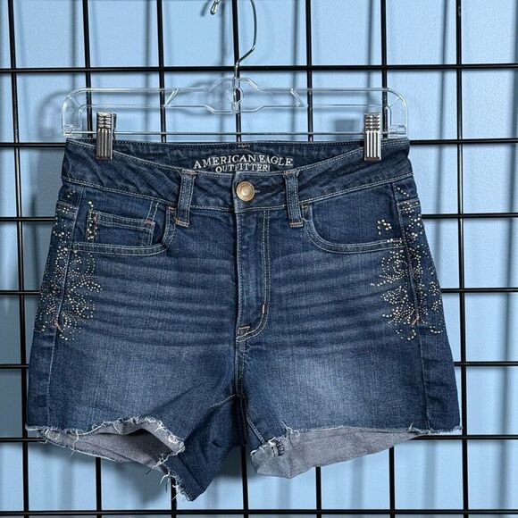 American Eagle Embellished Denim Shorts Womens 4‎ Blue Stretch Festival Boho - Picture 1 of 10